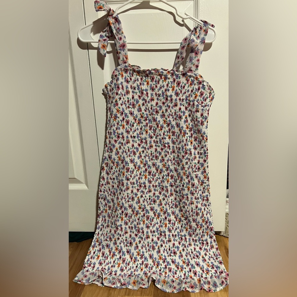 White Floral Smocked Dress with Pink, Purple, Green & Orange Accents